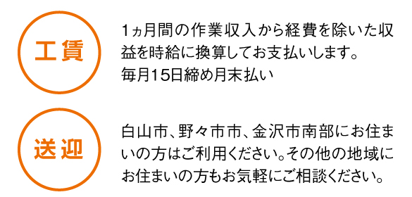 工賃 1ヵ月間の作業収入から経費を除いた収益を時給に換算してお支払いします。 毎月15日締め月末払い/送迎 白山市、野々市市、金沢市南部にお住まいの方はご利用ください。その他の地域にお住まいの方もお気軽にご相談ください。