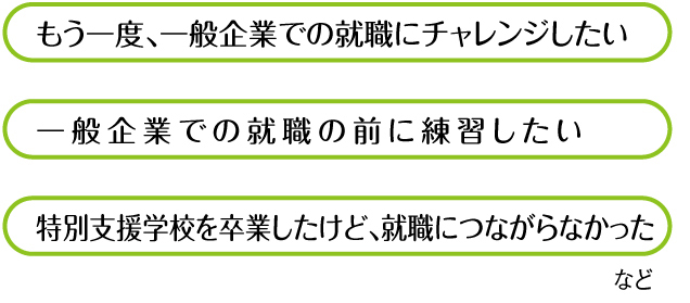 特別支援学校を卒業したけど、就職につながらなかった/一般企業での就職の前に練習したい/もう一度、一般企業での就職にチャレンジしたい