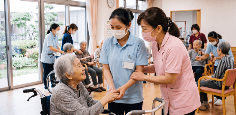 介護現場での外国人職員サポートの様子